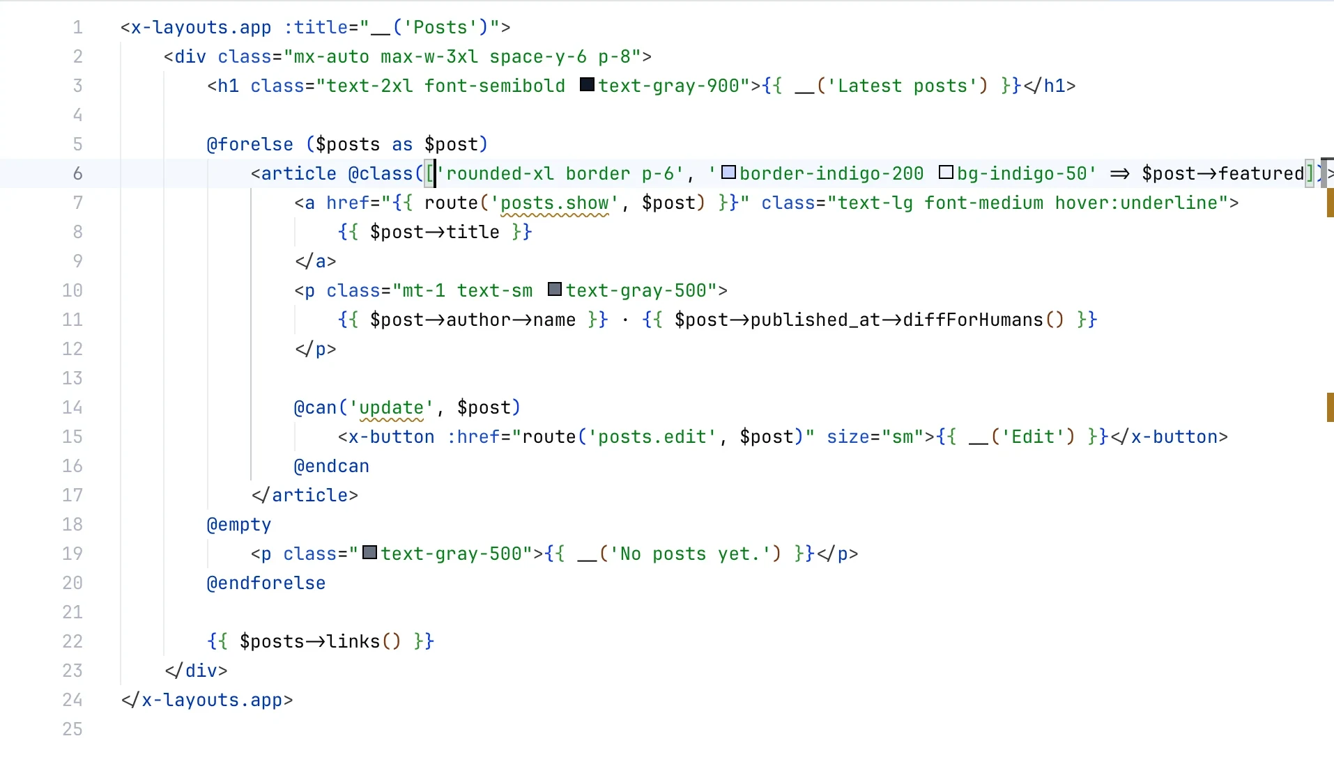 A Blade view in Tusk's light theme with Tailwind color swatches