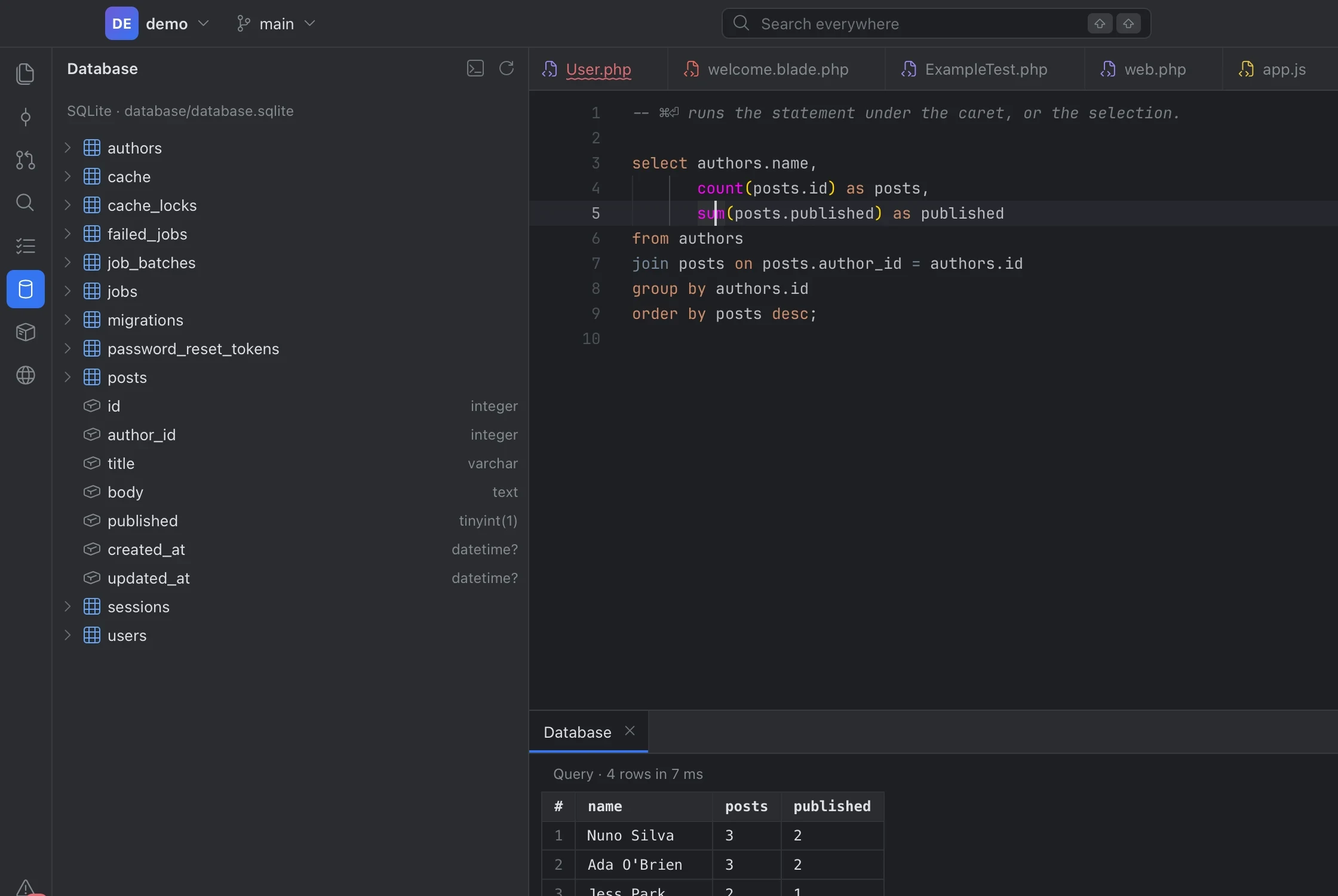 A SQL query and its results in Tusk's database console