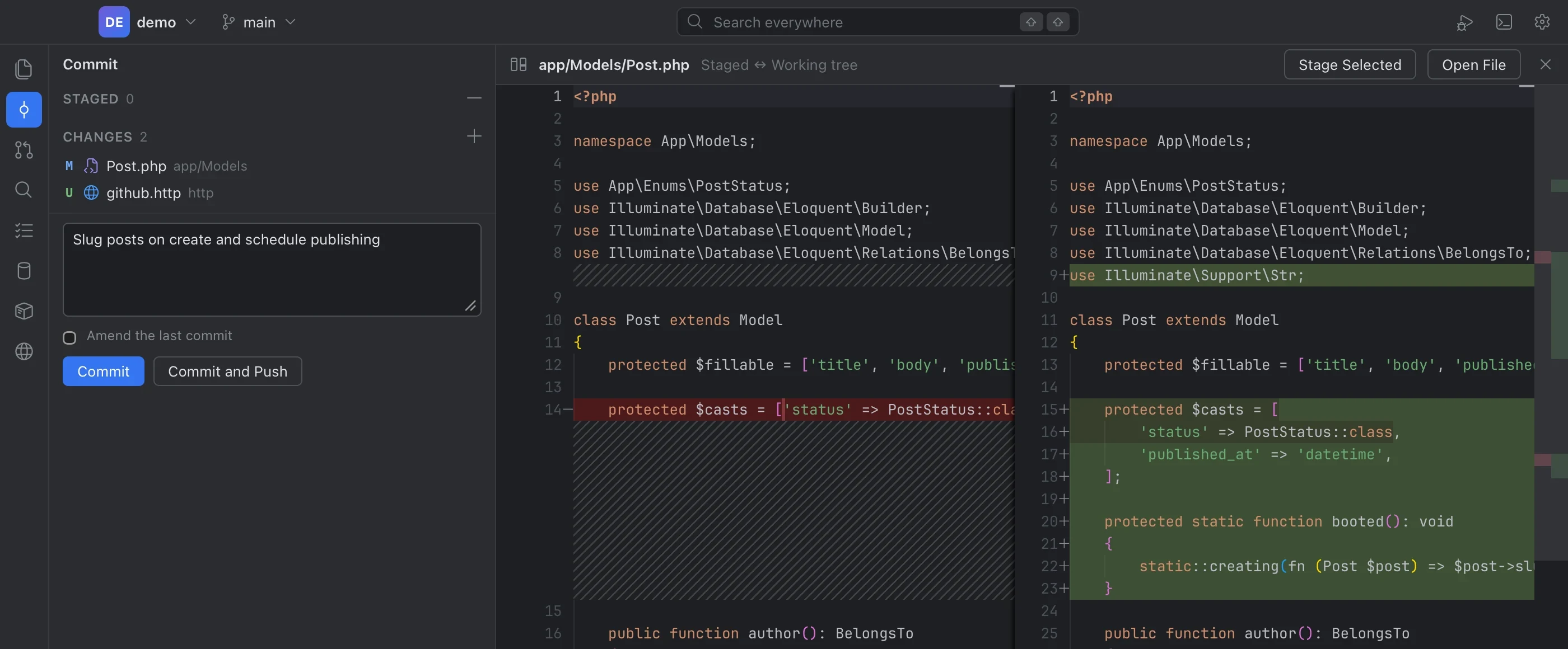 A side-by-side git diff in Tusk's commit view