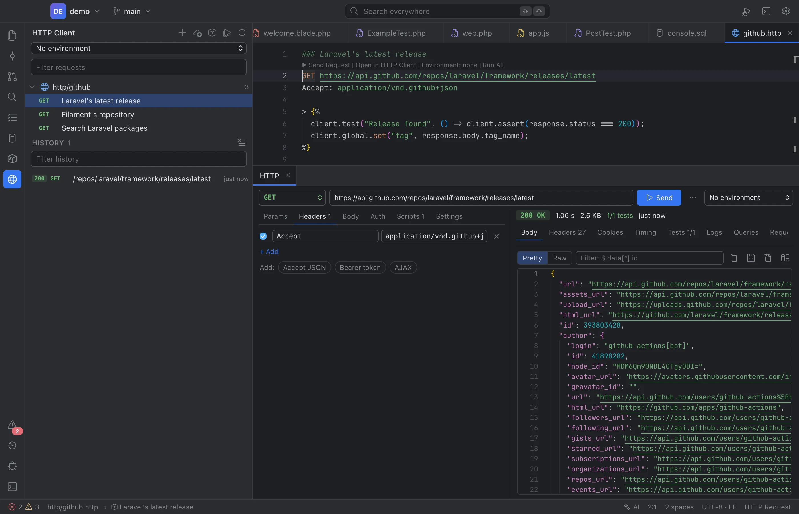 Tusk's HTTP client showing a request and its JSON response