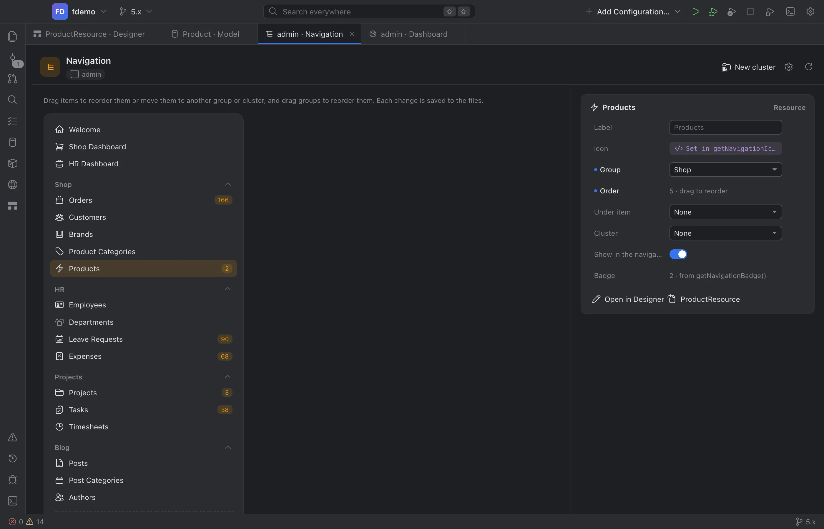 The navigation designer listing a panel's groups and resources